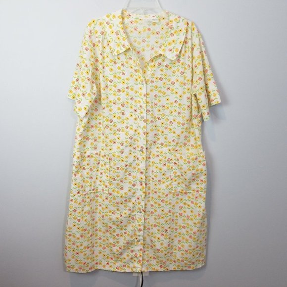 Vintage House Coat Robe Yellow Floral Pockets - Picture 1 of 7